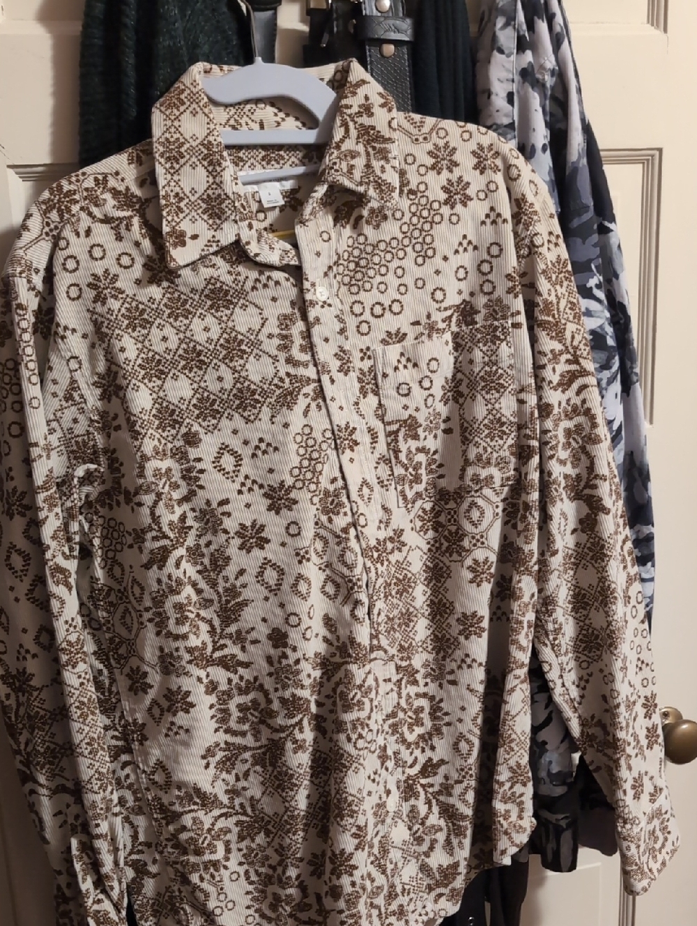 Sun + Stone Cream and Brown Floral Geometric Button-Down Shirt